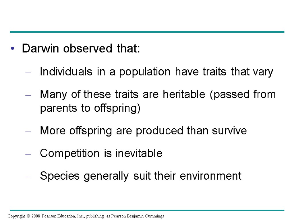 Darwin observed that: Individuals in a population have traits that vary Many of these